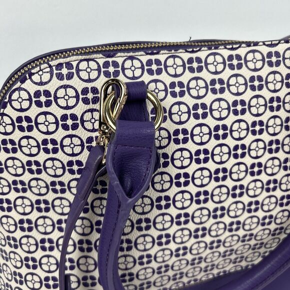 Iman Global Chic Logo Print Dome Satchel Handbag Purse Purple Gold Trim Ivory - Picture 2 of 16